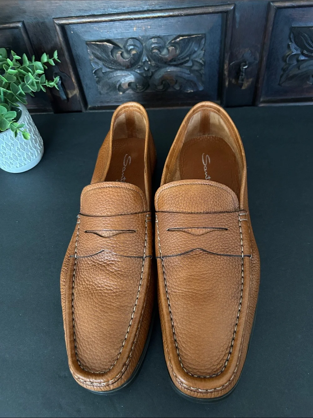 Santoni Men's Cognac Pebbled Leather Penny Loafers